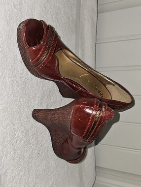 Qupid Burgundy Patent Peep-Toe Wedge Heels